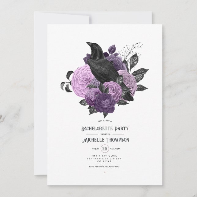 Invitation Fête de Bachelorette Gothique Corbeau Violet Glam (Devant)