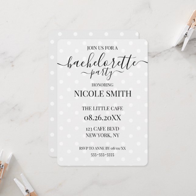 Invitation Fête de Bachelorette Grise Rétro à Points Customis (Devant/Arrière en situation)