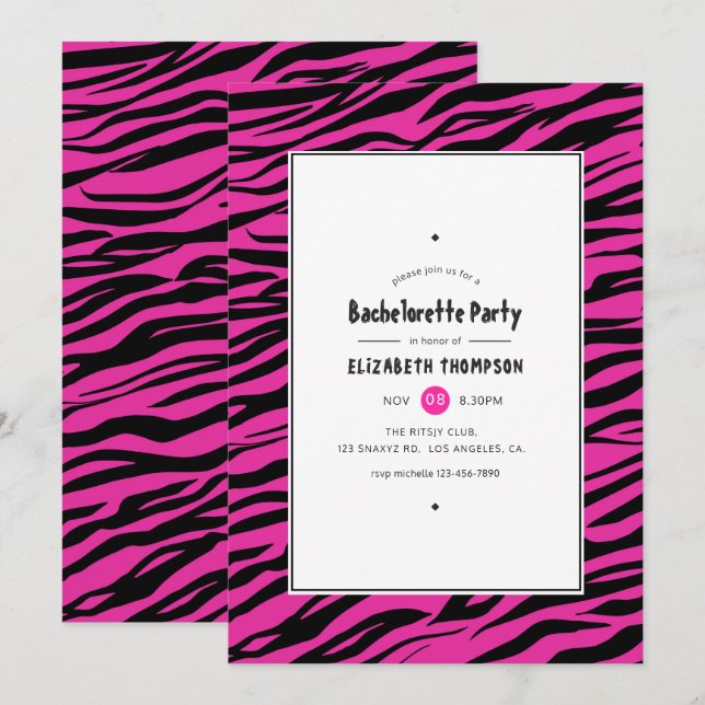 Invitation Fête de Bachelorette Hot-Pink & Black Tiger Stripe (Devant / Derrière)