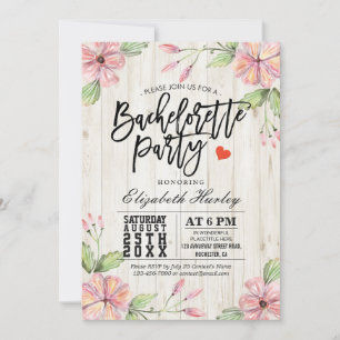 Invitation Fête de Bachelorette moderne Fleurs roses Bois rus