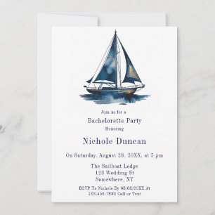 Invitation Fête de Bachelorette nautique en bleu et or avec v