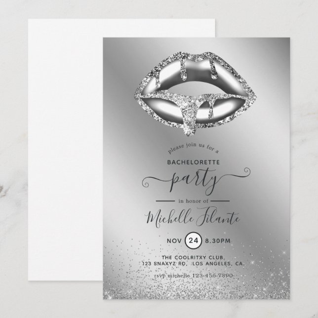 Invitation Fête de Bachelorette Paillettes Faux Argent (Devant / Derrière)