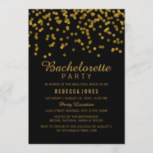 Invitation Fête de Bachelorette paillettes noir or confettis