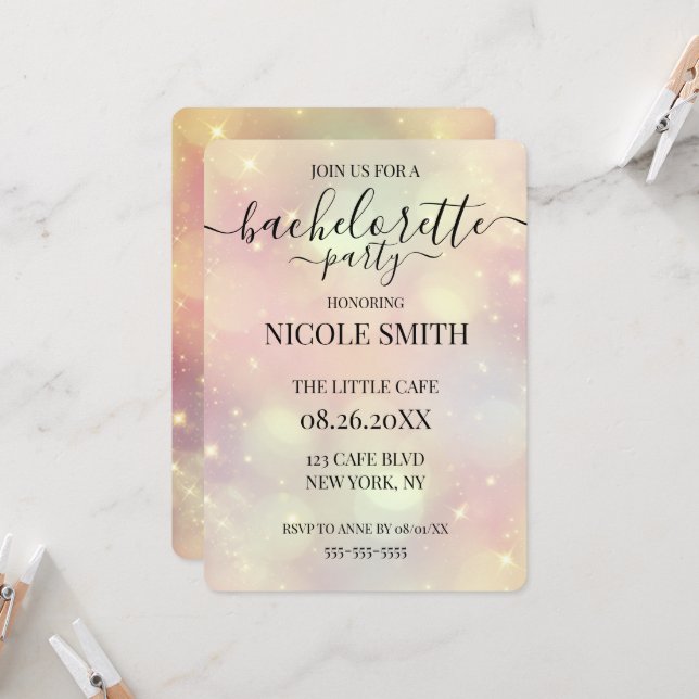 Invitation Fête de Bachelorette personnalisée Peach Sparkle B (Devant/Arrière en situation)