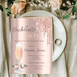 Invitation Fête de Bachelorette Roses aux Gouttes d'Or Rose
