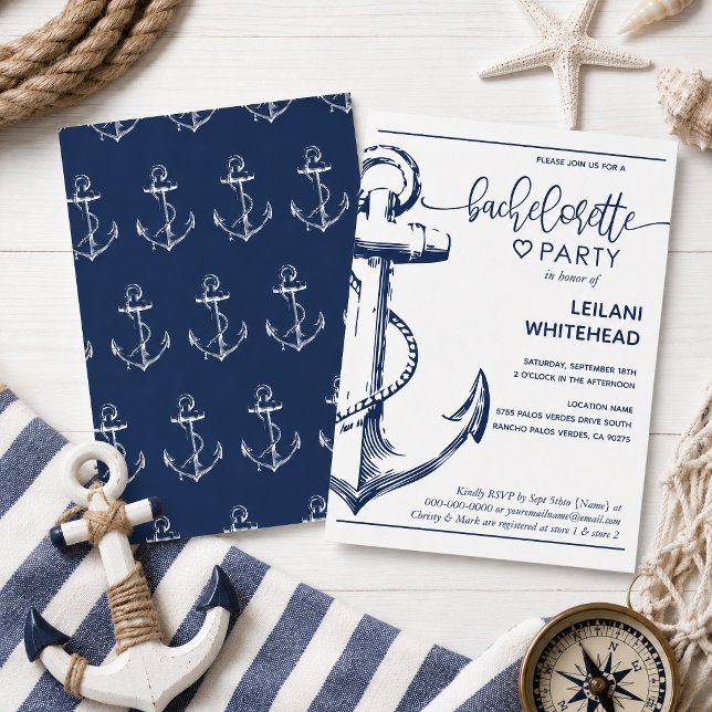 Invitation Fête de Bachelorette sur le thème de la Marine Bla (Celebrate the bride-to-be with this nautical-inspired bachelorette party invitation.)
