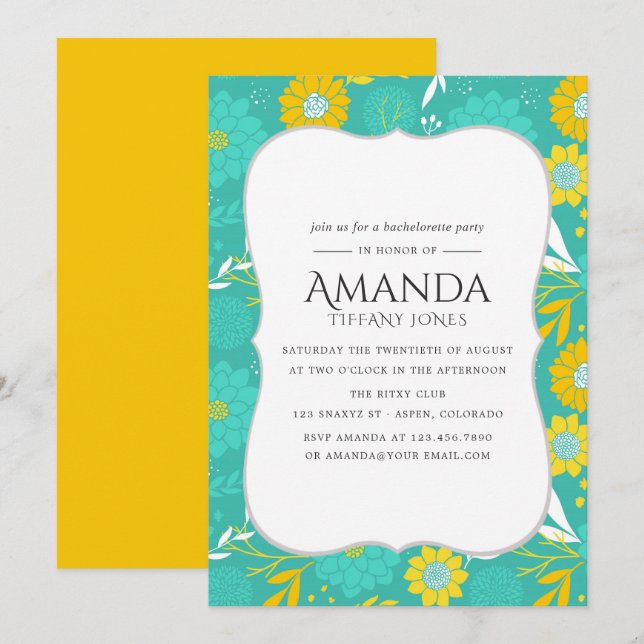 Invitation Fête de bachelorette Turquoise et jaune (Devant / Derrière)
