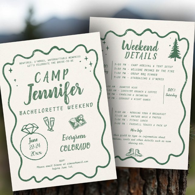 Invitation Fête de bachelorette verte à la main de camping (camp bachelorette invitation handwriting hand written camping glamping hiking itinerary bach)