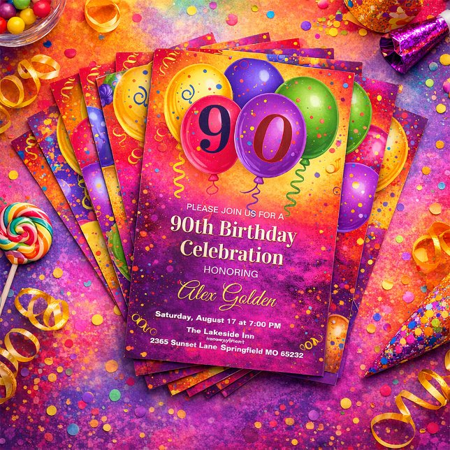 Invitation Fête de ballon de confettis pour 90e anniversaire (Créateur téléchargé)