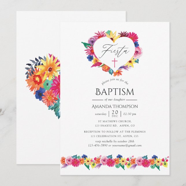 Invitation Fête de baptême florale à l'aquarelle (Devant / Derrière)