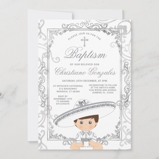 Invitation Fête de baptême mexicain Silver Boy Charro Cross (Devant)