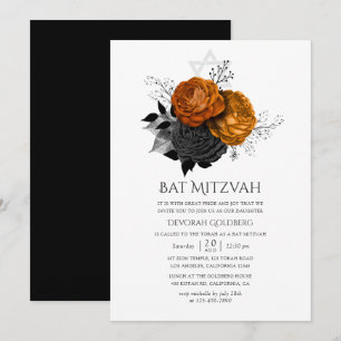Invitation Fête de Bar Mitzvah Halloween florale noire et ora