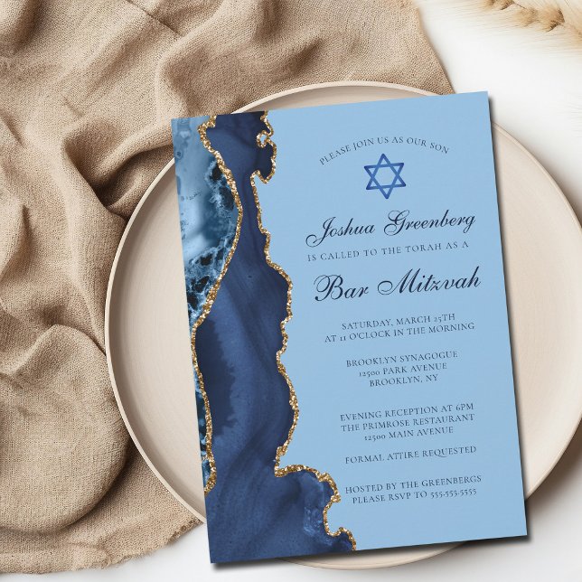 Invitation Fête de Bar Mitzvah Moderne en Bleu et Agate Dorée (Créateur téléchargé)