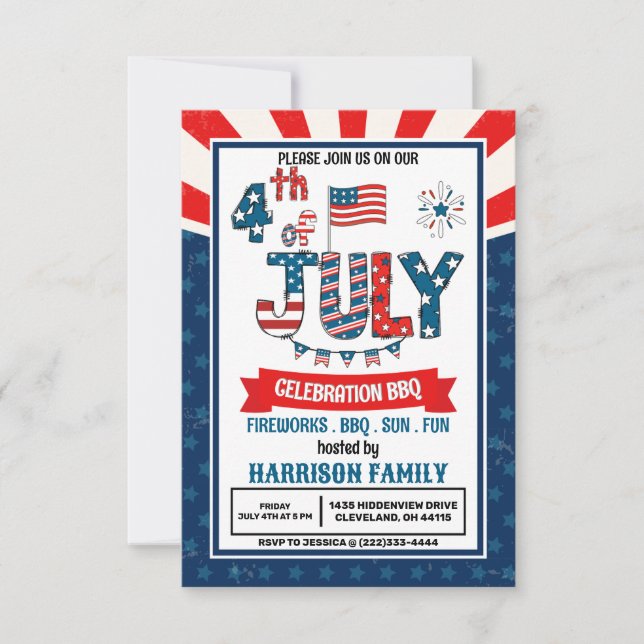Invitation Fête de barbecue avec feu d'artifice du 14 juillet (Devant)