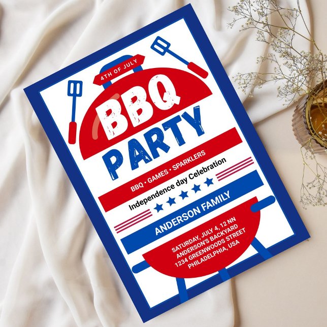 Invitation Fête de barbecue du 4 juillet illustrée en bleu et (Créateur téléchargé)