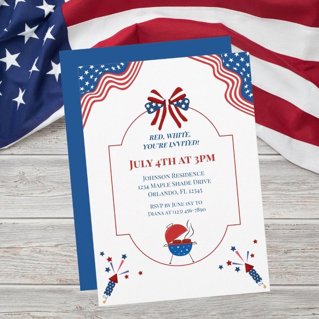 Invitation Fête de barbecue du 4 juillet Rouge Blanc Bleu Fun (Créateur téléchargé)