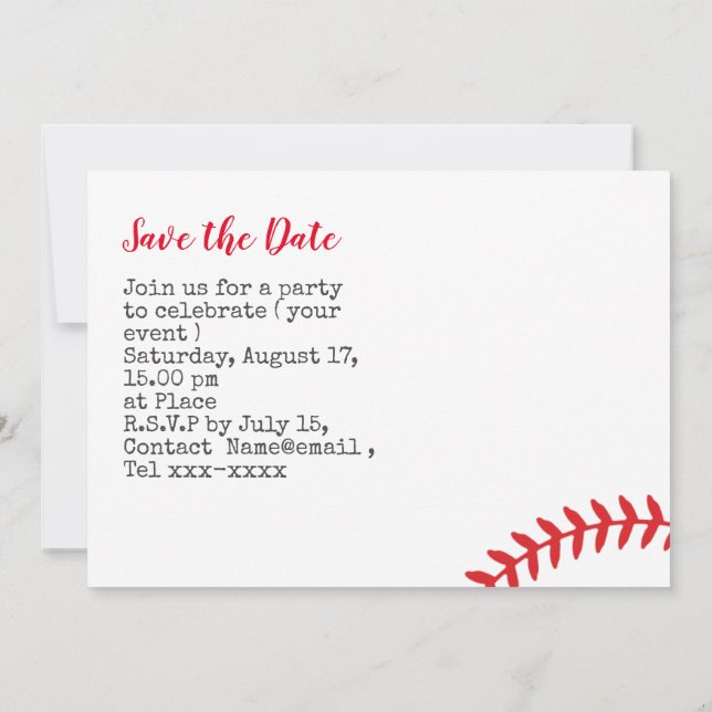 Invitation Fête de baseball pour sauver la date  (Dos)