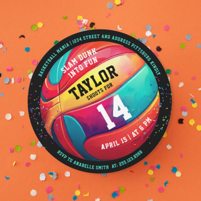 Invitation Fête de basket-ball noir sport couleur cool (Créateur téléchargé)