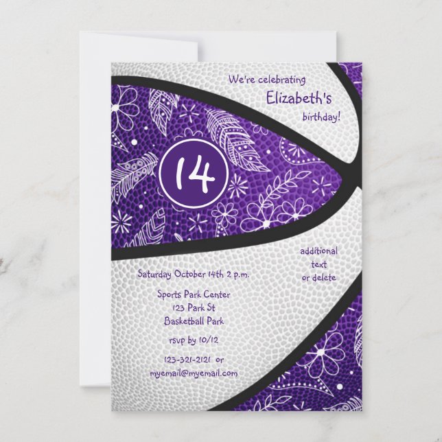 Invitation fête de basketball fille violet blanc boho (Devant)