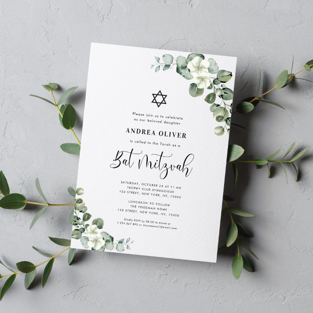 Invitation Fête de Bat Mitzvah à l'aquarelle blanche avec fle (Créateur téléchargé)