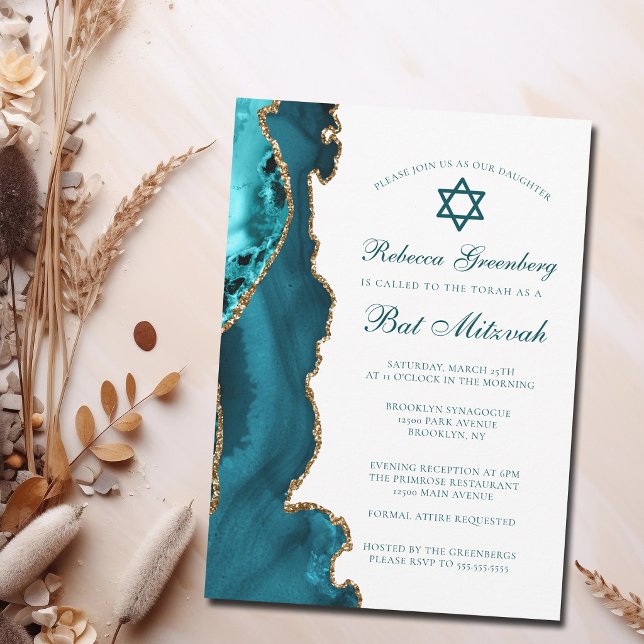 Invitation Fête de Bat Mitzvah Chic Turquoise Agate Dorée (Créateur téléchargé)