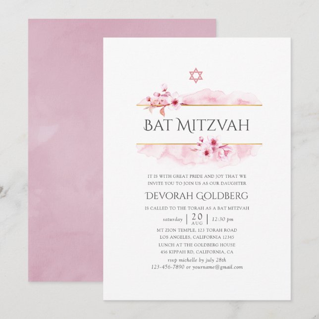 Invitation Fête de Bat Mitzvah Fleur de Printemps Géométrique (Devant / Derrière)