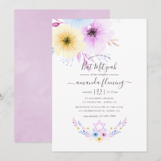 Invitation Fête de Bat Mitzvah Fleurs pastel rose et bleu (Devant / Derrière)