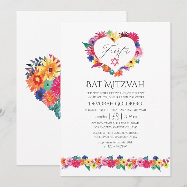 Invitation Fête de Bat Mitzvah Florale Aquarelle Fiesta (Devant / Derrière)