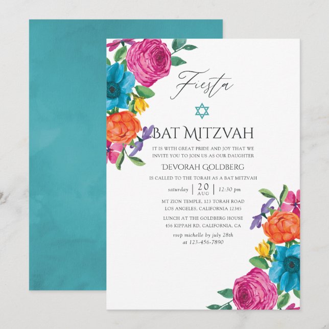 Invitation Fête de Bat Mitzvah florale aquarelle Fiesta (Devant / Derrière)