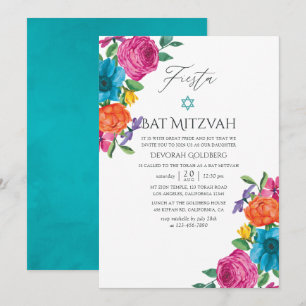 Invitation Fête de Bat Mitzvah florale aquarelle Fiesta