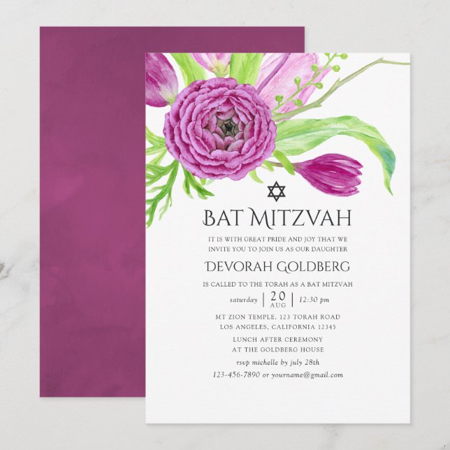 Invitation Fête de Bat Mitzvah florale aquarelle prune (Devant / Derrière)