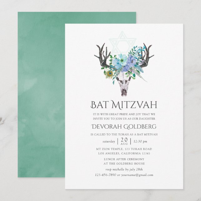 Invitation Fête de Bat Mitzvah florale bohème aquarelle bleue (Devant / Derrière)