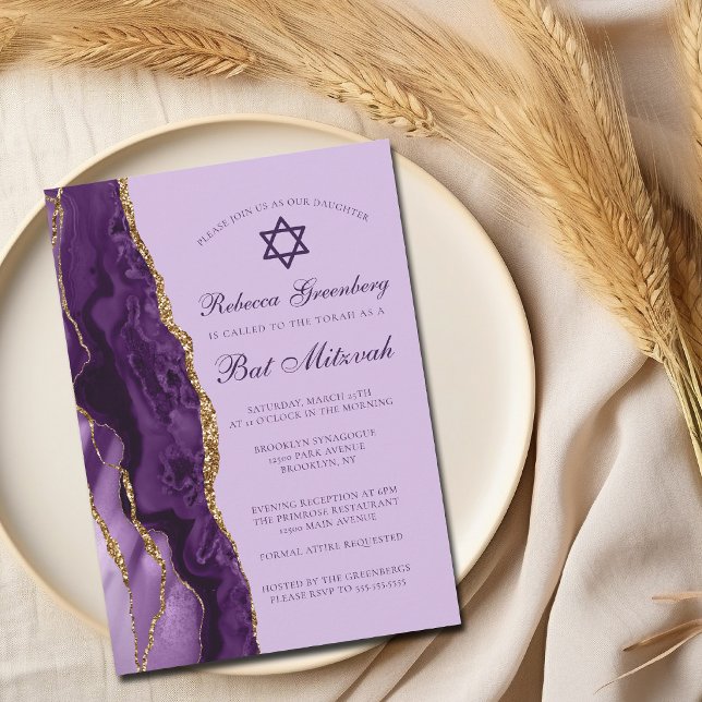 Invitation Fête de Bat Mitzvah Pailletée Or Violet (Créateur téléchargé)