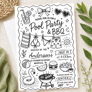 Invitation Fête de BBQ dans la cour arrière Eté Dessin à la m