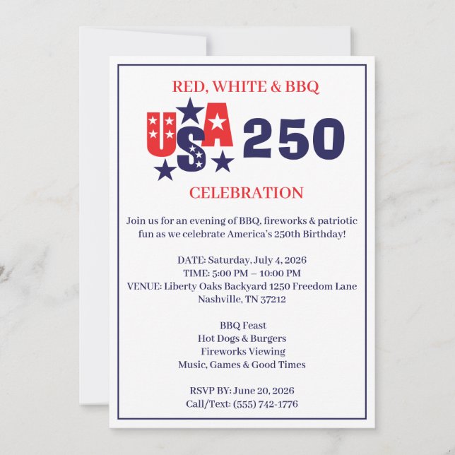 Invitation Fête de BBQ patriotique pour le 250e anniversaire  (Devant)