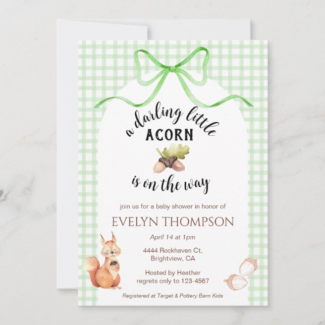 Invitation Fête de bébé 018 Gingham écureuil vert gazon et gl (Devant)