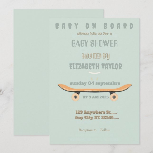 Invitation Fête de bébé à bord d'un skateboard (Devant / Derrière)