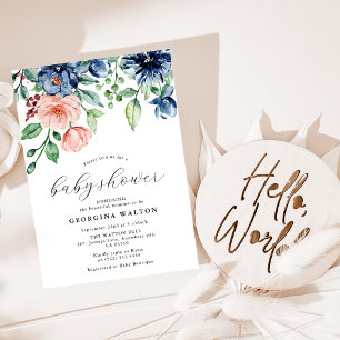 Invitation Fête de bébé à fleurs aquarelle Bleu marine et ros