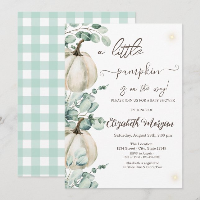 Invitation Fête de bébé à la citrouille blanche et au feuilla (Devant / Derrière)