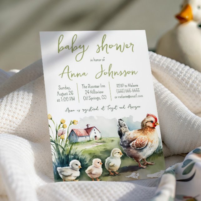 Invitation Fête de bébé à la ferme à l'aquarelle avec une pou (Créateur téléchargé)