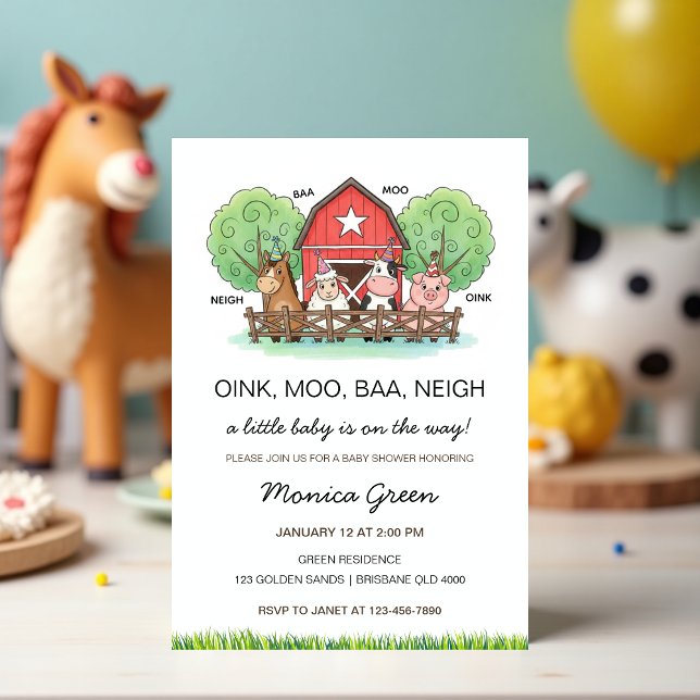 Invitation Fête de bébé à la ferme avec des animaux mignons  (Farm Animal Baby Shower Invitation – Cute Barnyard Baby Shower Invite, Gender Neutral)