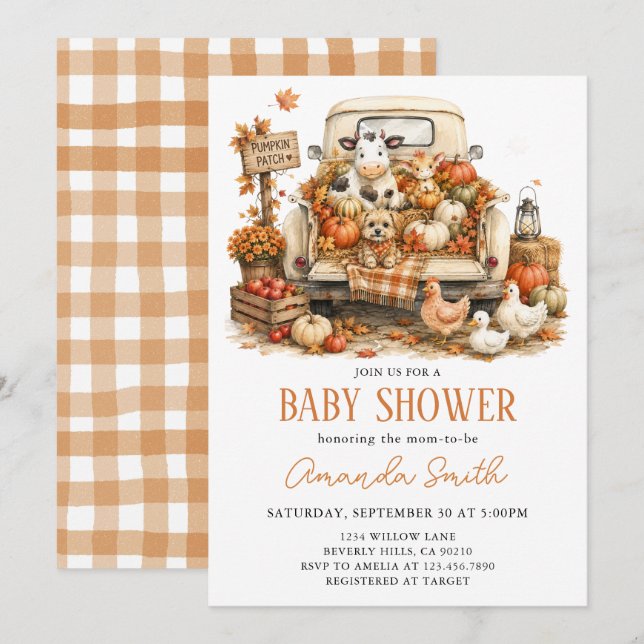 Invitation Fête de bébé à la ferme de citrouilles de la ferme (Devant / Derrière)