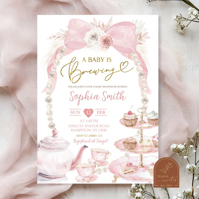 Invitation Fête de Bébé à la Théière Rose Perle (Créateur téléchargé)