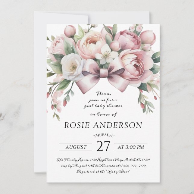 Invitation Fête de Bébé à l'aquarelle avec un nœud Coquette & (Devant)