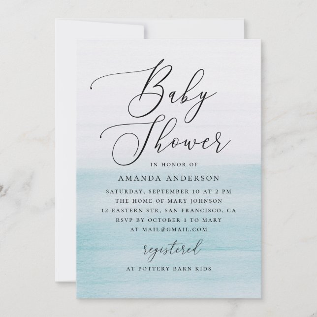 Invitation Fête de Bébé à l'Aquarelle Bleue | Élégant et Coas (Devant)