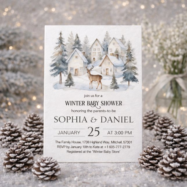Invitation Fête de Bébé à l'Aquarelle Cerf d'Hiver dans le Vi (Winter Deer in Village Watercolor Baby Shower Invitation)