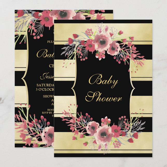 Invitation Fête de bébé à l'aquarelle florale avec des rayure (Devant / Derrière)