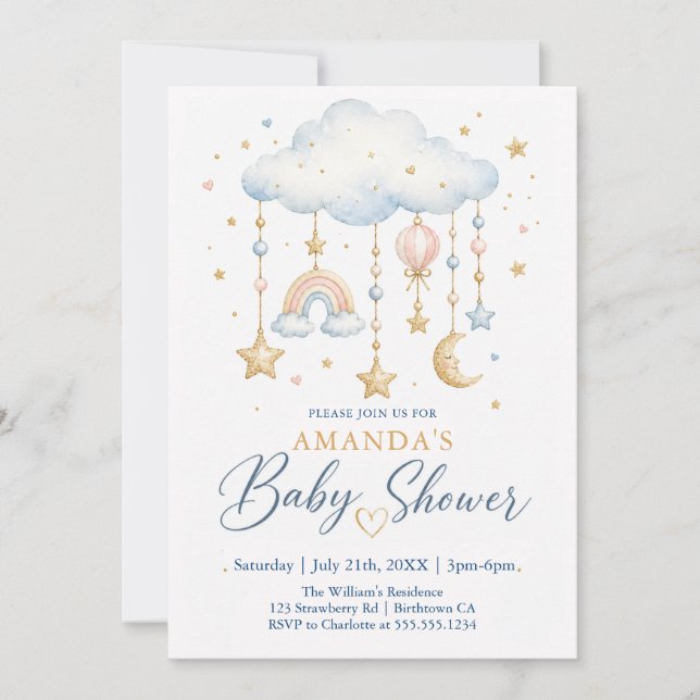 Invitation Fête de Bébé à l'Aquarelle Nuage Lune Arc-en-Ciel (Devant)