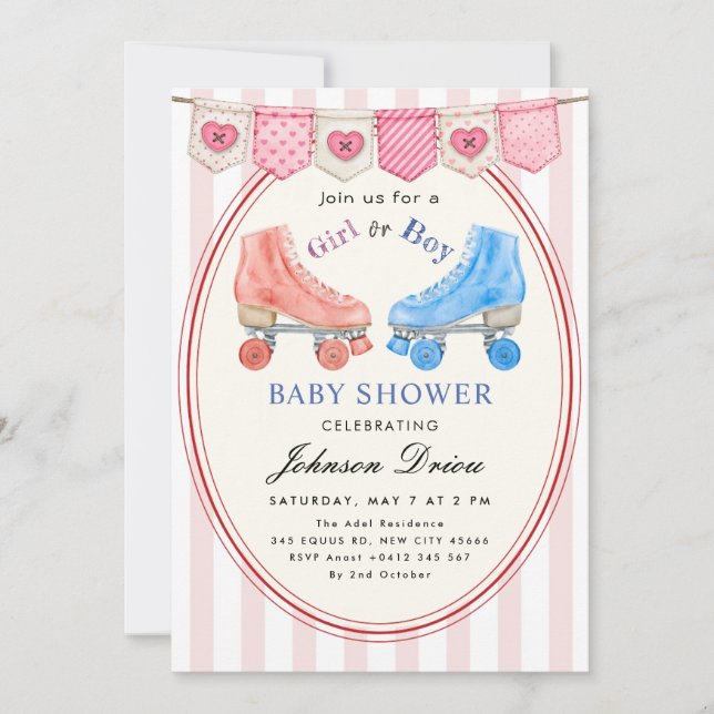 Invitation Fête de bébé à l'aquarelle rose | Roller Skate (Devant)