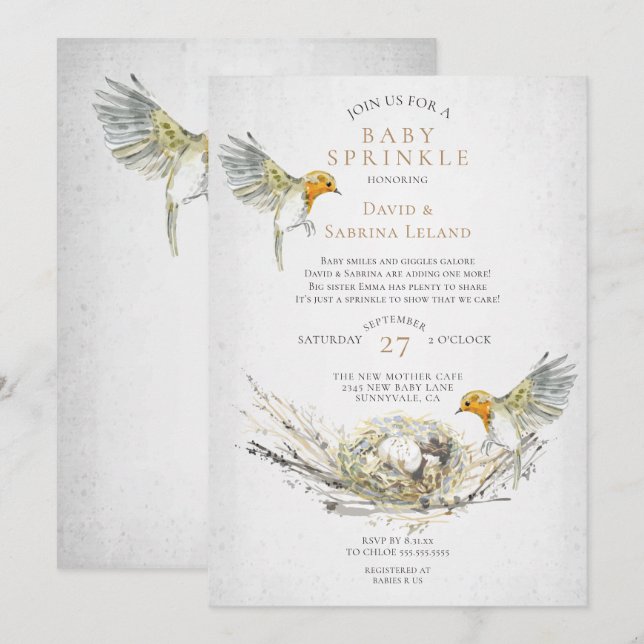 Invitation Fête de Bébé à l'aquarelle Rustique avec Oiseaux e (Devant / Derrière)